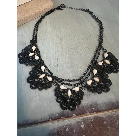 New York Signed Necklace Black With white tear drop Stones Double Chain Feminine - Picture 6 of 9